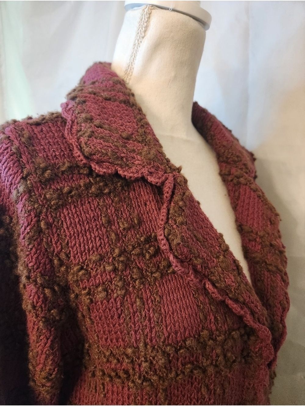 Vintage-Style Longline Knit Duster Cardigan - Plum & Brown Textured Empire Waist - Picture 12 of 15